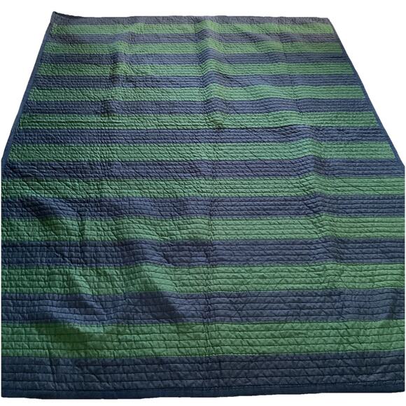 Pottery Barn Teen Twin Handmade varsity Quilt Striped Navy Blue and Kelly Green - Picture 1 of 7